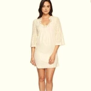 Trina Turk Bonita Gold Shimmer Bell Sleeve Shift Dress in Whitewash size 12